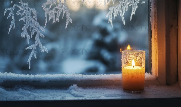 A candle is lit in a glass on a window sill. The candle is surrounded by snow, and the snowflakes