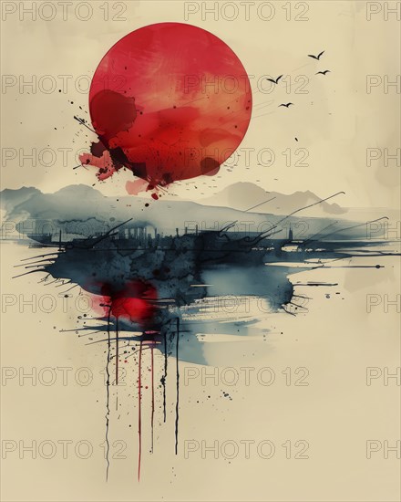 Abstract landscape with a red sun, distant mountains, and birds in a minimalistic watercolor style,