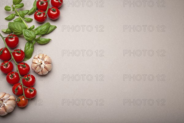 Composition with branch of fresh cherry tomatoes, basil, garlic cloves, lemon wedges, on