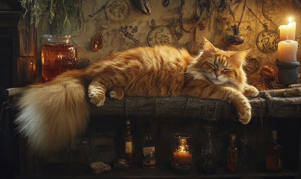 Fluffy gray cat lounging on a wooden shelf in the witches room AI generated