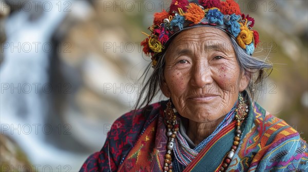 Woman wearing a vibrant traditional dress and floral headpiece, smiling near a waterfall, AI