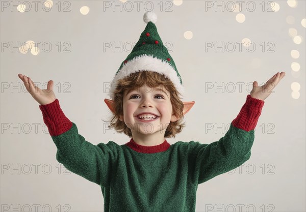 A cheerful boy dressed as a festive elf with green sweater and red details, with Christmas hat and