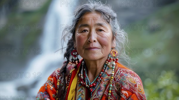 Woman in traditional colorful attire with earrings and necklace, standing by a waterfall, smiling,