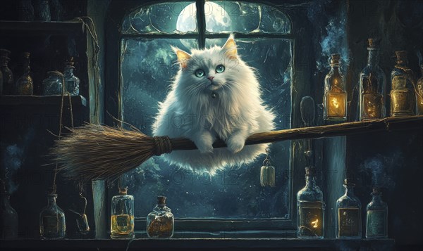 Fluffy white cat perched on a floating broomstick, broom bristles glowing faintly AI generated