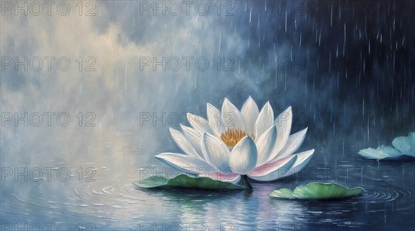 Illustration of a water lily in the style of a painting on canvas. Dirt and traces give the image a