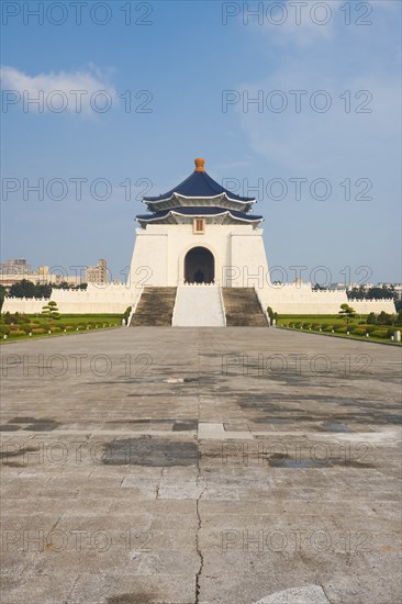 A wide and far view of the Chiang Kai Shek Memorial Hall in downtown Taipei