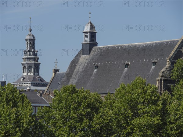 Historic church tower with surrounding trees and clear sky in an urban environment, maastricht.