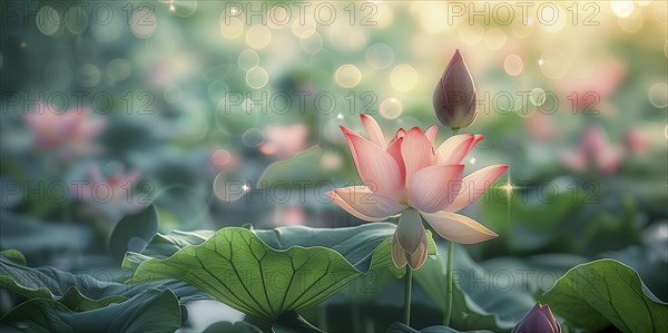 Delicate composition of bright pink lotus flowers with soft green leaves. The background has a