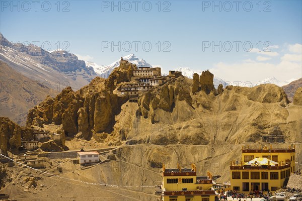 A stunning view of the Himalaya mountains behind the old and new monastery of Dhankar, Spiti