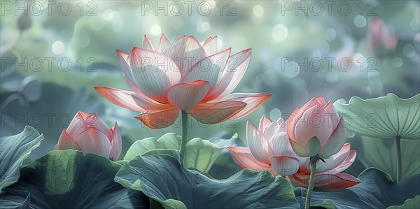 Delicate composition of bright pink lotus flowers with soft green leaves. The background has a