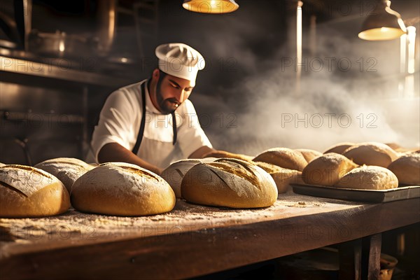 Fresh loaves of bread dominate the foreground of an industrial bakery, AI generated