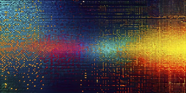 Abstract 3d pixel art technology themed pattern featuring random mosaic in vibrant hues, AI