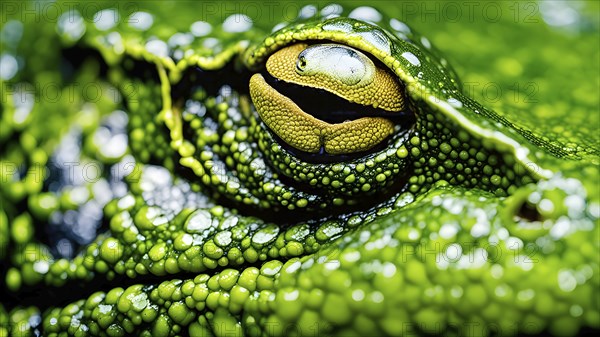 Close up on the wrinkled skin of a grass frog with intricate patterns and vibrant hues, AI