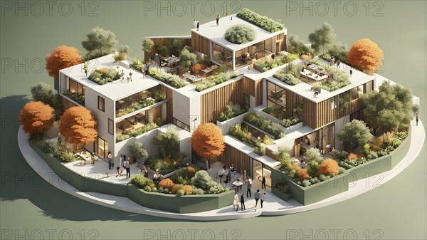 3d render of a compact community of interconnected artists studios in co living, AI generated