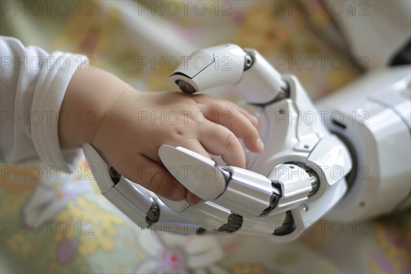 Small baby reaching hand for white artificial intelligence robot. Generative Ai, AI generated