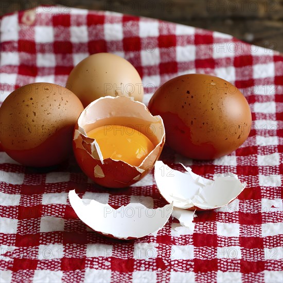 Cracked egg partially spilled on a checkered tablecloth, AI generated