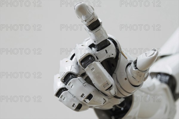 White artificial intelligence robot hand pointing at camera. KI generiert, generiert, AI generated