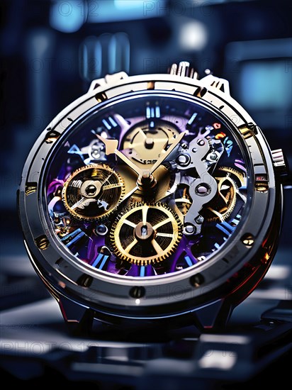 AI generated mechanical watch close up with shimmering digital component