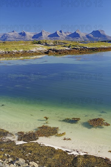 A calm, clear fjord with seaweed, white sandy beach and mountains in the background under a bright