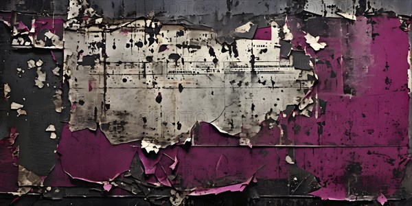 Vintage style collage featuring textured grunge posters in hues of grey and magenta, AI generated