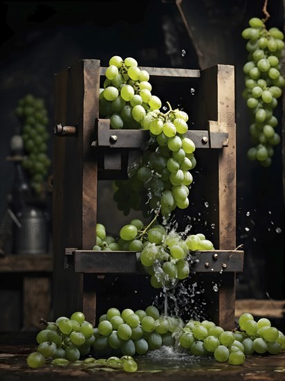Grape cluster mid crush in a traditional wine press with dynamic flow of juice, AI generated