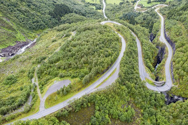 Hairpin curves in valley Hjelledalen east of Stryn, Norway, Europe