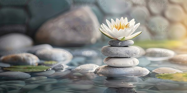 Zen stacking stones piled in balanced with white lotus flower on top. Generative Ai, AI generated