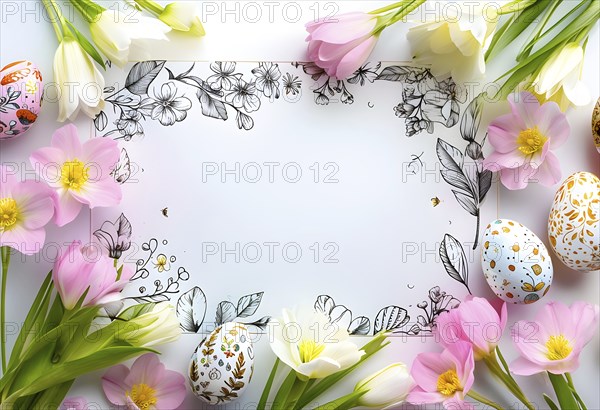 Easter card with delicate hand-drawn illustrations, placed among fresh flowers and decorated eggs,