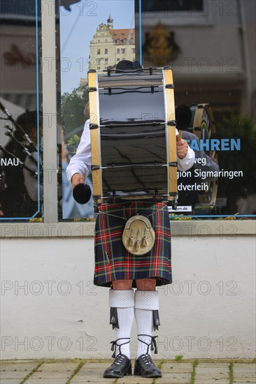 Bass drum on a musician, bagpipe orchestra, pipe concert, Sigmaringen, Baden-Württemberg, Germany,