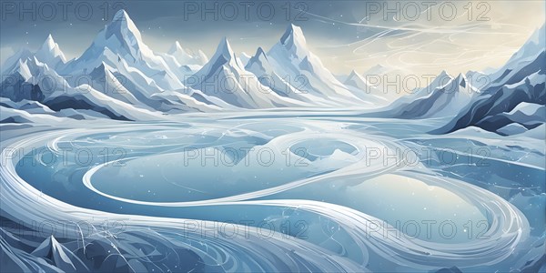 Abstract illustration of dreamy, icy landscape with swirling blues, whites, and silvers, evoking