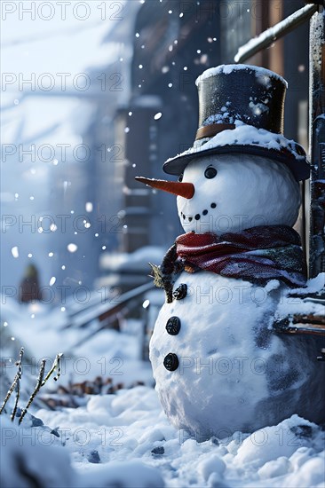 Snowman in an idylic winter urban scenery, snow-covered streets and buildings in background,