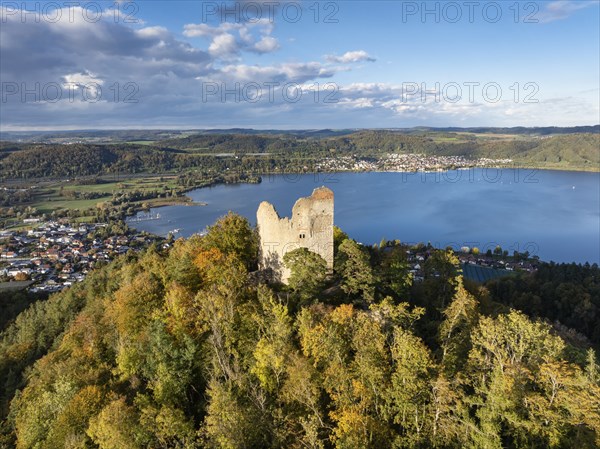 Aerial view of Lake Constance, Überlinger See, with the ruins of Altbodman on the Bodanrück, above