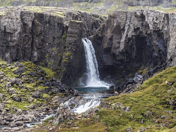 Waterfall Folaldafoss, at Öxi Mountain Road 939, East Fjords, Iceland, Europe