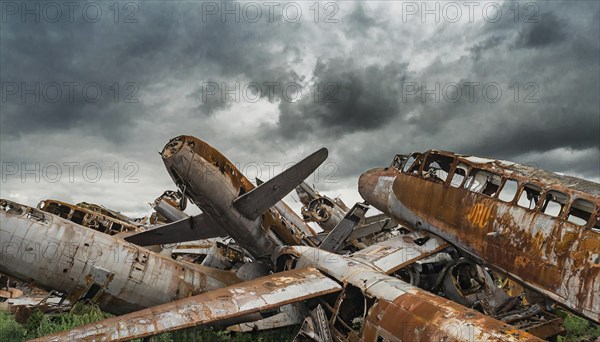 Several rusty and abandoned aircraft wrecks under a gloomy, cloudy sky, symbol photo, AI generated,
