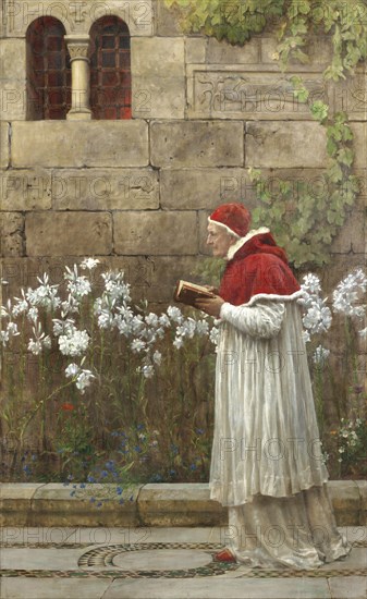 A pope in a white robe and red hat reads a book in a garden, surrounded by white flowers in front