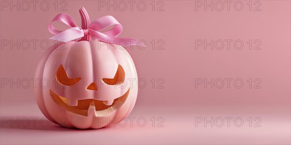 Banner with cute pink carved pumpkin with ribbon on stem in front of pink studio background.