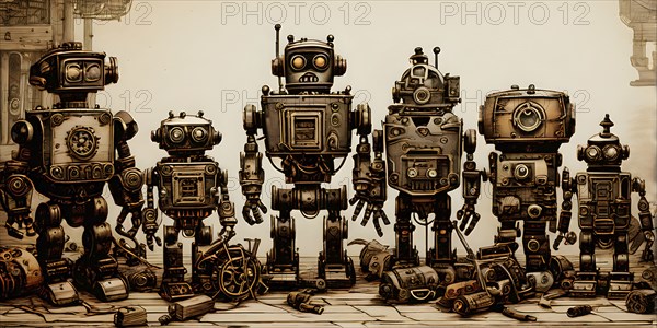 Team of robots styled as vintage toys poised atop an antique wooden table, AI generated