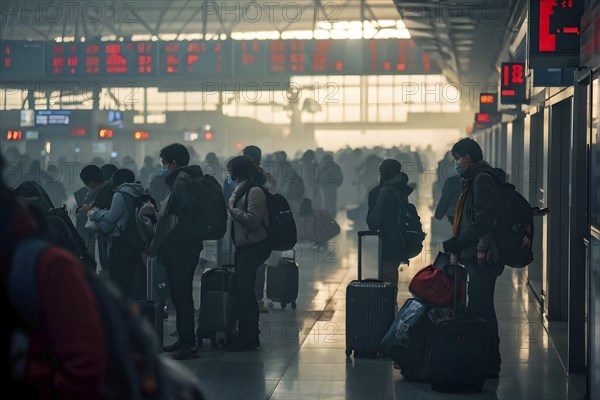 Airport gate with a crowd of waiting passengers, AI generated