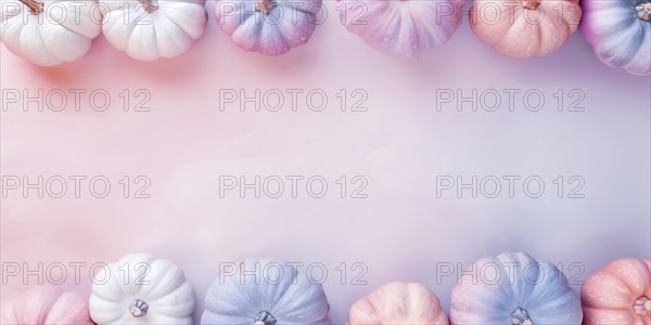 Top view of pastel cute pumpkins on pink background with copy space. Generative Ai, AI generated