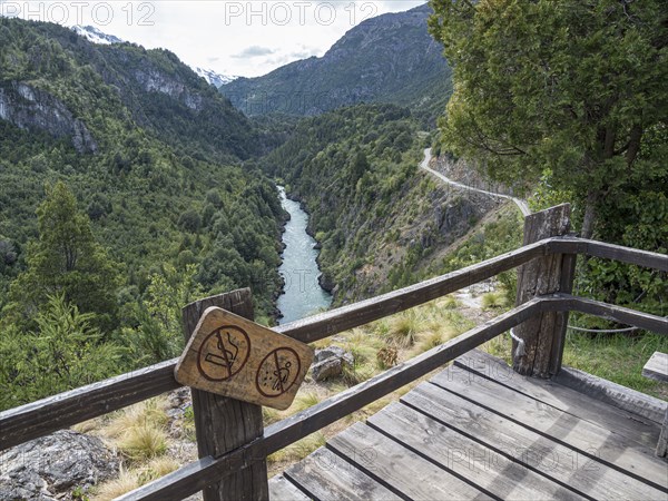 Futaleufu river flowing in a deep gorge, viewpoint Mirador del Diablo, mountain road built into