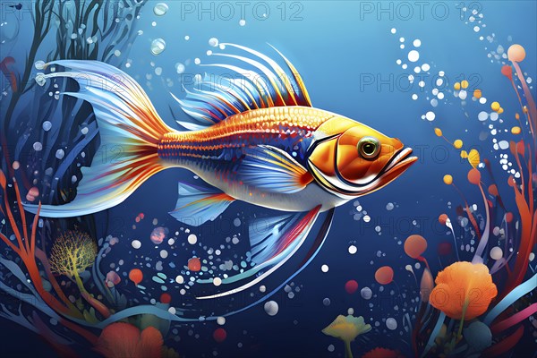 Illustration inspired by the fluid dynamics of a streamlined fish, AI generated