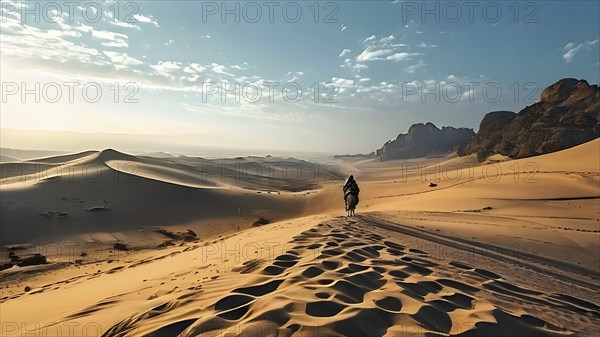 Lone camel rider traversing the rough gobi desert landscape, AI generated