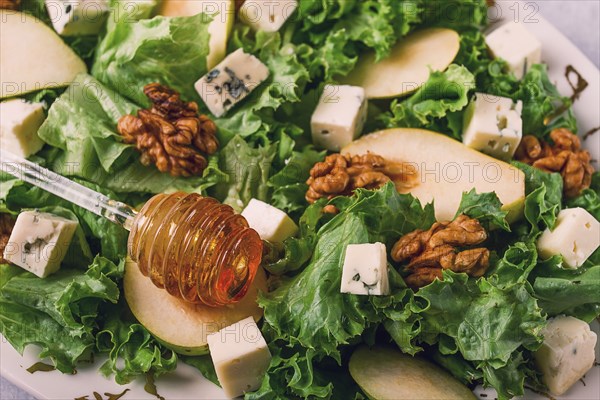 Keto Salad, pear with blue cheese and walnut, selective focus, no people, close-up