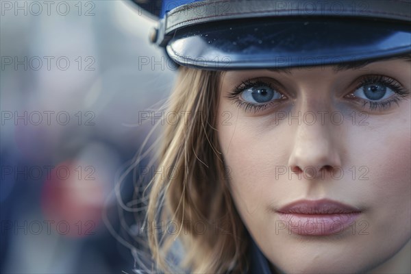Close up of face of female police officer. KI generiert, generiert, AI generated