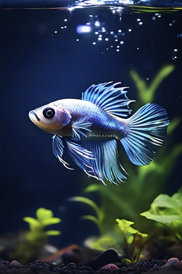 Betta fish suspended in weightless water, AI generated