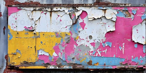 Grunge ripped torn placard posters background in white, pink, blue and yellow colors, AI generated