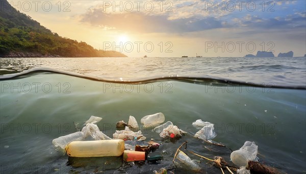 Symbolism, waste problem, plastic waste floating on the sea, AI-generated, AI-generated, AI