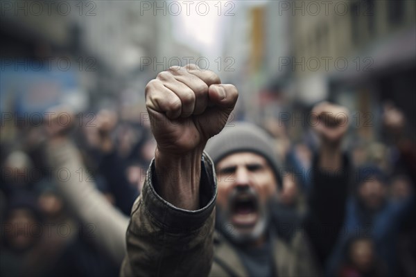 Raised fist of man in violent protest. KI generiert, generiert, AI generated