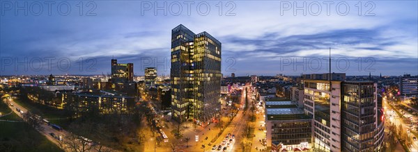 Panorama aerial view Dancing Towers at blue hour with Reeperbahn, St. Pauli, Hamburg, Germany,