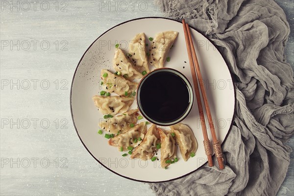 Japanese Gyoza dumplings, fried, with sauce, top view, without people, tinted, selective focus